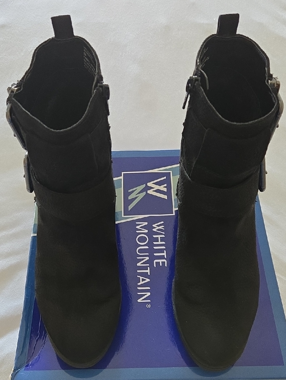 White Mountain Black Suede Buckle Ankle Booties